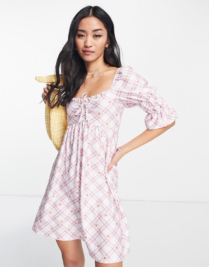 Miss Selfridge Sleeve Detail Mini Smock Dress In Lilac Check Floral-purple