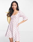 Miss Selfridge Sleeve Detail Mini Smock Dress In Lilac Check Floral-purple