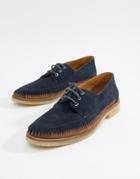 Asos Design Lace Up Shoes In Navy Suede With Leather Woven Detail - Navy