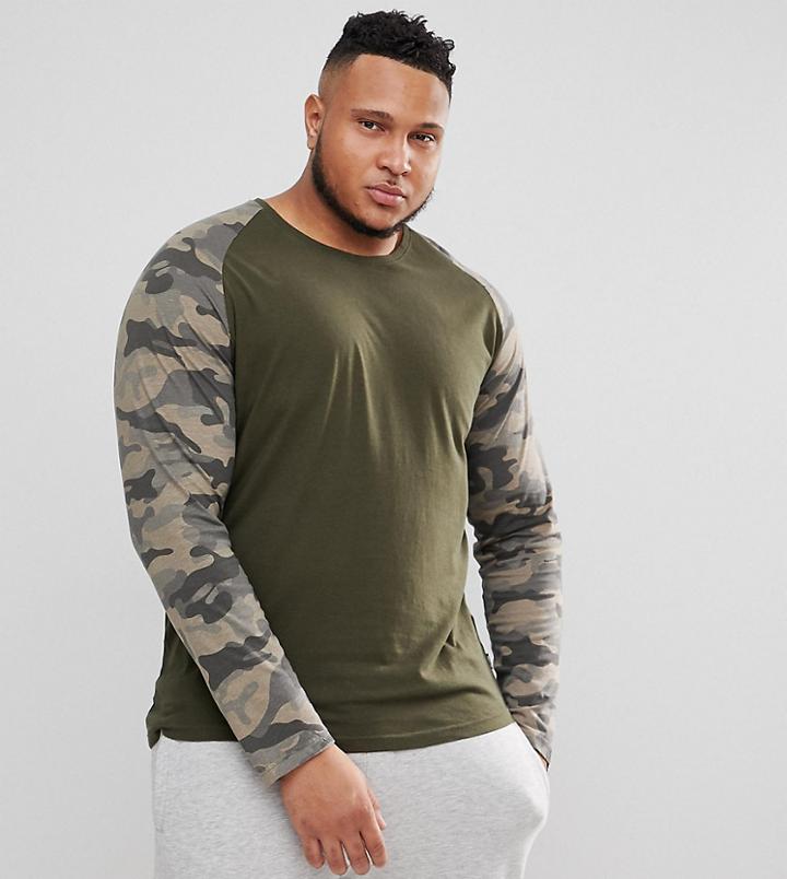 Only & Sons Plus Long Sleeve T-shirt With Camo Sleeves - Green