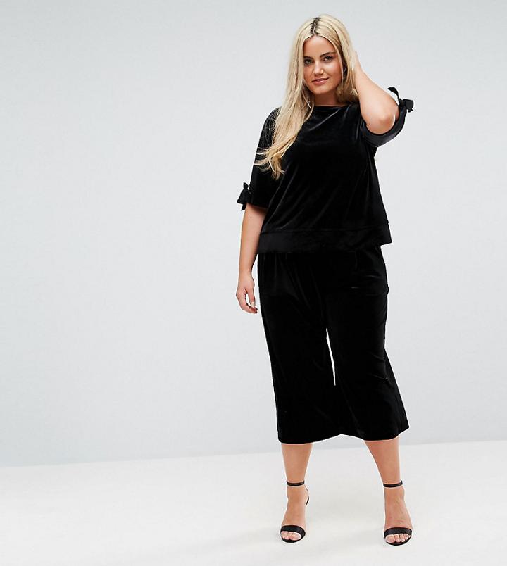 Elvi Allover Velvet Culotte Co Ord - Black