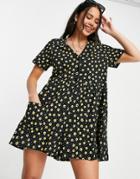 Asos Design Smock Button Front Romper In Daisy Print-multi