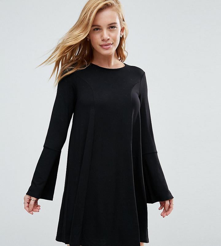 Asos Petite Mini Swing Dress With Seam Detail And Trumpet Sleeve - Black