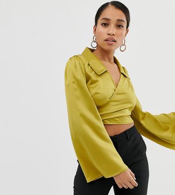 Fashion Union Petite Satin Wrap Blouse - Green