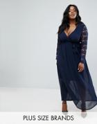 Club L Plus Plunge Wrap Maxi Dress With Lace Sleeve - Navy