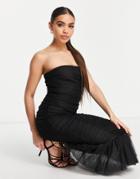 Rare London Bandeau Frill Hem Ruched Midi Dress In Black