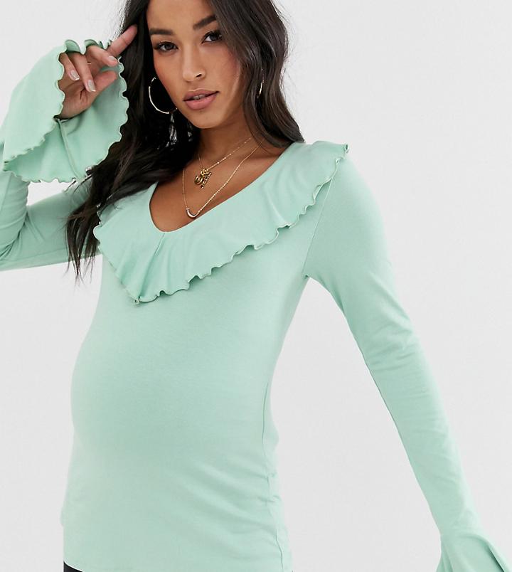 Asos Design Maternity Long Sleeve Ruffle Front Top-green
