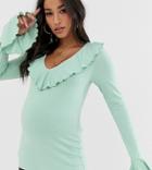 Asos Design Maternity Long Sleeve Ruffle Front Top-green