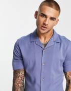 Asos Design Skinny Viscose Shirt With Revere Collar In Dusky Blue