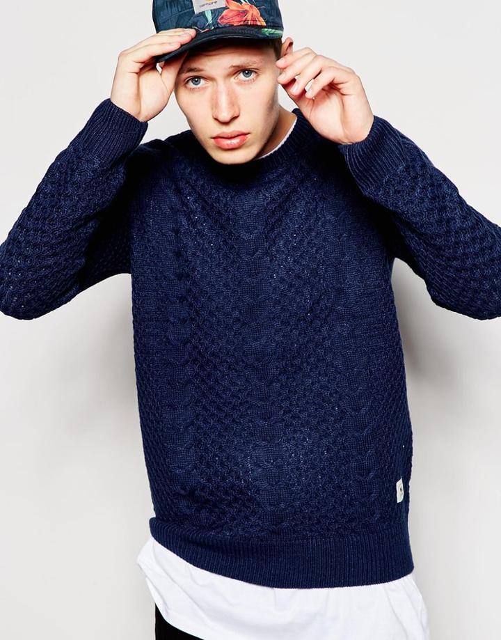 Bellfield Textured Knitted Crew Neck Sweater - Navy