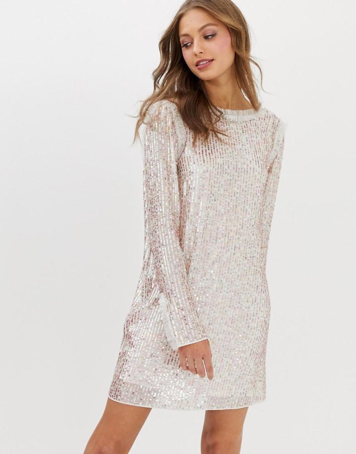 Needle & Thread Shimmer Embellished Mini Shift Dress In Ivory - Multi