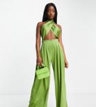 Asyou Satin Halter Cut Out Jumpsuit In Green