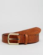 Asos Slim Belt With Vintage Brown Faux Leather And Burnished Buckle - Brown