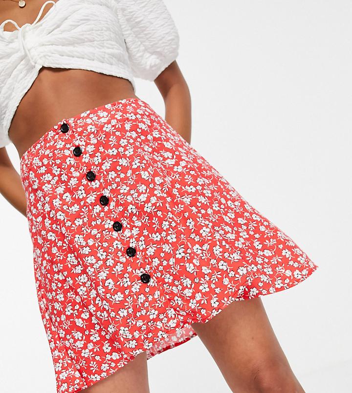 Topshop Petite Floral Button Down Flippy Skirt In Red
