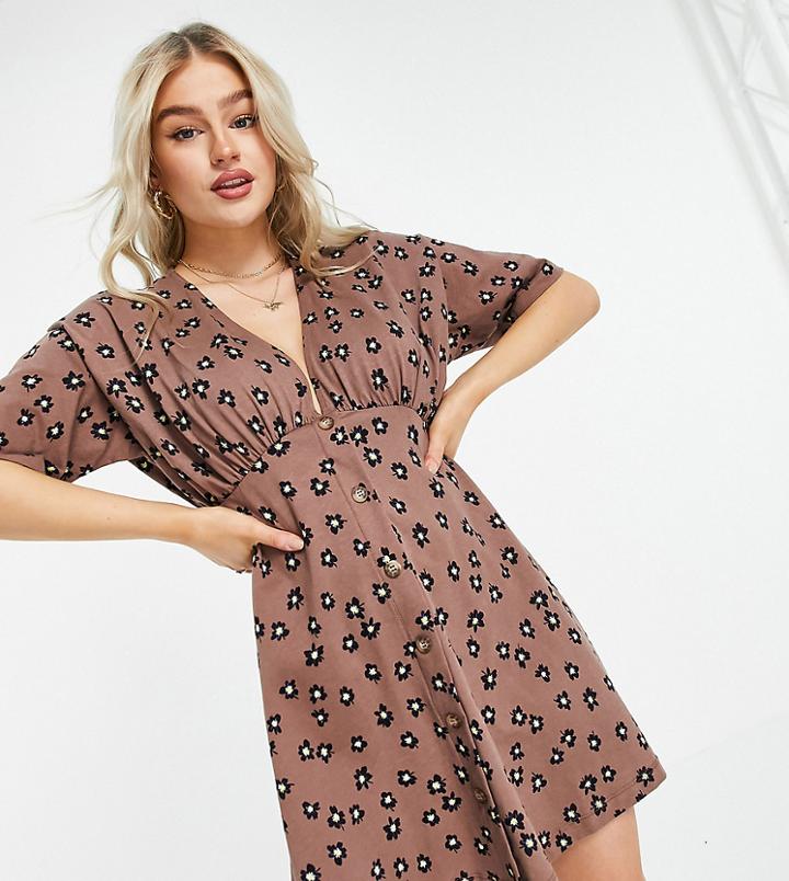 Asos Design Petite Tea Dress With Horn Buttons In Taupe Based Floral-neutral