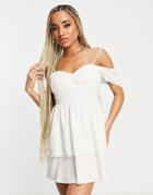 Asos Design Crinkle Raw Edge Double Layer Skater Mini Sundress In Cream-white