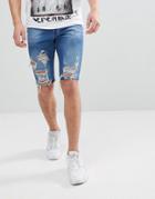 Religion Slim Fit Denim Shorts In Blue With Rips - Blue