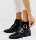 River Island Wide Fit Flat Boots With Buckle Detail In Black - Black