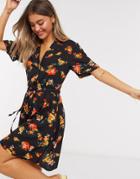 Brave Soul Mini Tea Dress In Floral Print-black