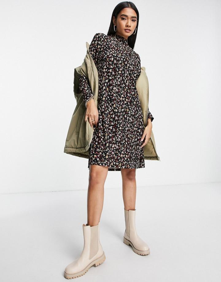Vila Recycled Blend Mini Skater Dress With High Neck In Floral Print-multi
