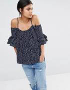 Yas Off Shoulder Ruffle Dotty Top