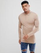 Asos Design Longline Muscle Fit Long Sleeve Polo - Beige