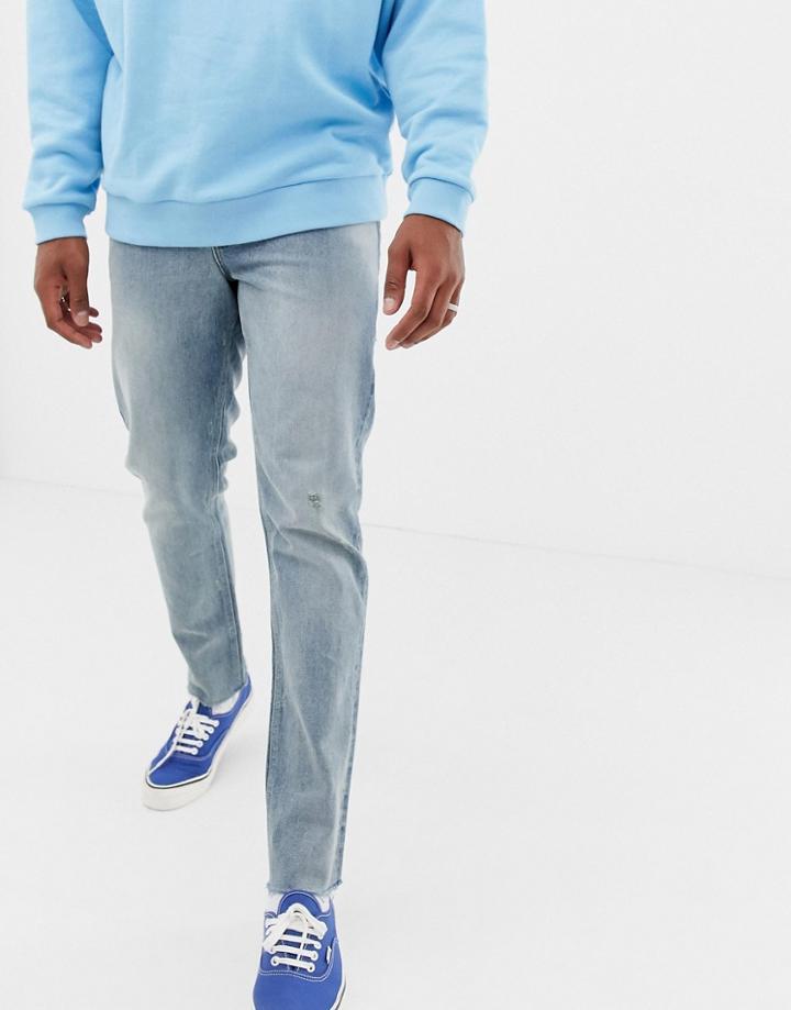 Asos Design 140z Heavy Weight Slim Jeans In Vintage Light Wash With Abrasions-blue