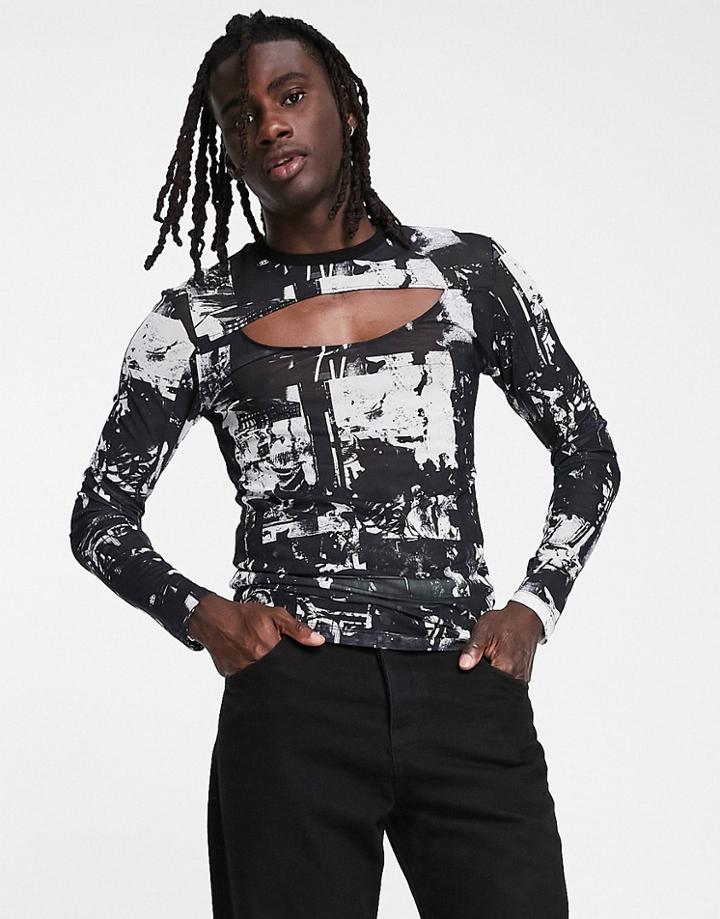 Asos Unrvlld Spply Muscle Fit Long Sleeve T-shirt In All-over Print Power Mesh In Black And White