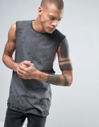 Asos Longline Sleeveless T-shirt With Distressing And Pigment Wash - Black