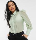 River Island Petite Pleated Front Shirt In Sage Green