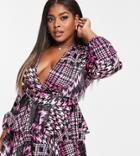 John Zack Plus Exclusive Plunge Front Tiered Ruffle Mini Dress In Pink Houndstooth Print-multi