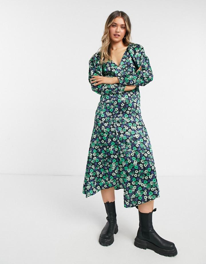 Topshop Satin Floral Print Midi Dress In Green
