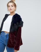 Noisy May Faux Fur Chevron Color Block Coat - Multi