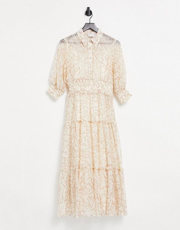 Asos Design Collared Tiered Midi Dress With Shirred Waist In Natural Animal Print-multi