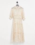 Asos Design Collared Tiered Midi Dress With Shirred Waist In Natural Animal Print-multi