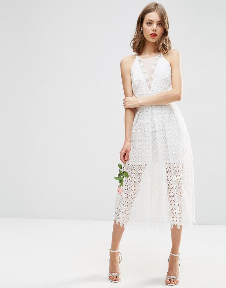 Asos Bridal Premium Lace Midi Dress With Sheer Insert - White