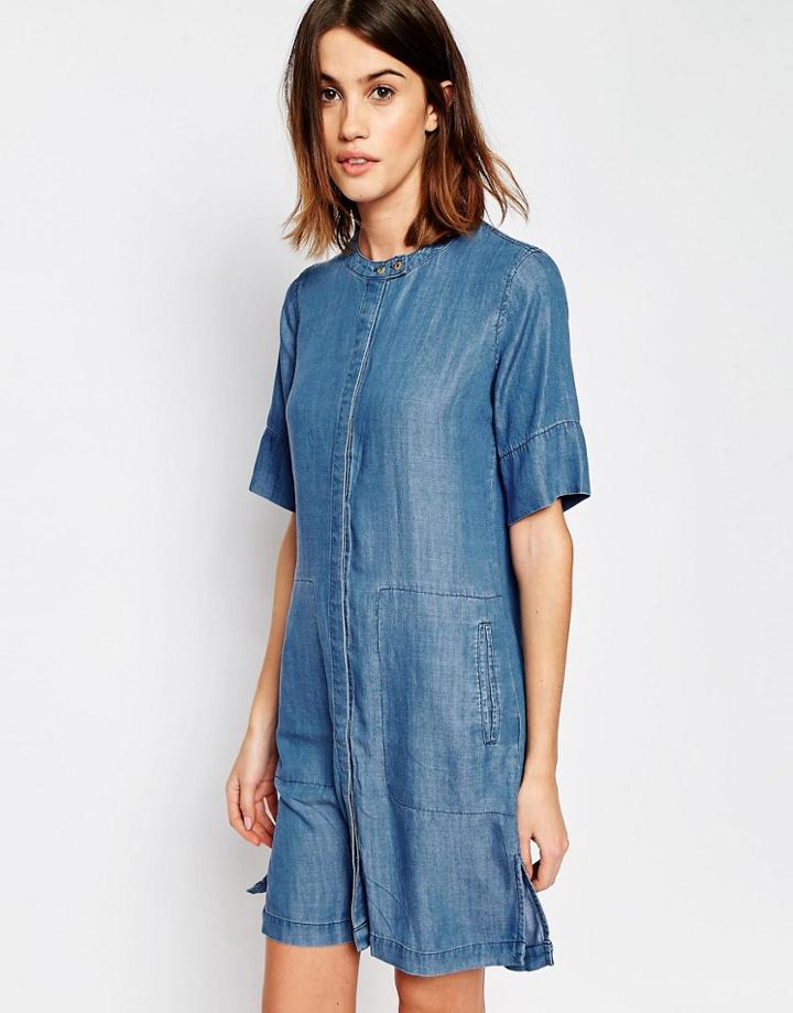 Warehouse Short Sleeve Grandad Shirt Dress - Mid Wash