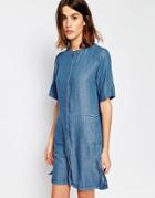 Warehouse Short Sleeve Grandad Shirt Dress - Mid Wash