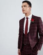 Asos Design Wedding Super Skinny Suit Jacket In Wine And Orange Grid Check - Red