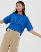 Asos Design Oversized Cropped T-shirt Stepped Hem In Cobalt With Contrast Stitching-blue