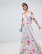Asos Design Floral Cold Shoulder Cowl Back Pleated Maxi Dress - Multi