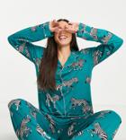 Chelsea Peers Tall Jersey Revere Top And Trouser Pyjama Set In Turquoise Zebra - Turquoise-blues