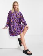 Pieces Mini Smock Dress In Purple Animal Print
