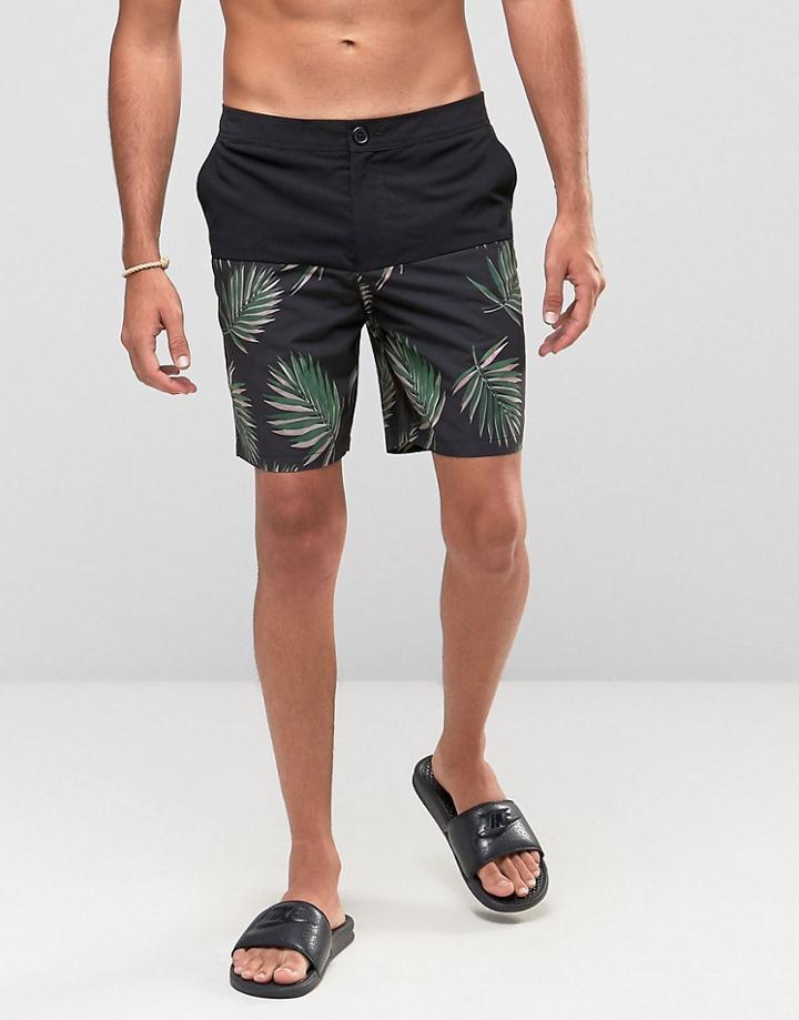 Asos Swim Shorts With Leaf Print Panel In Mid Length - Black