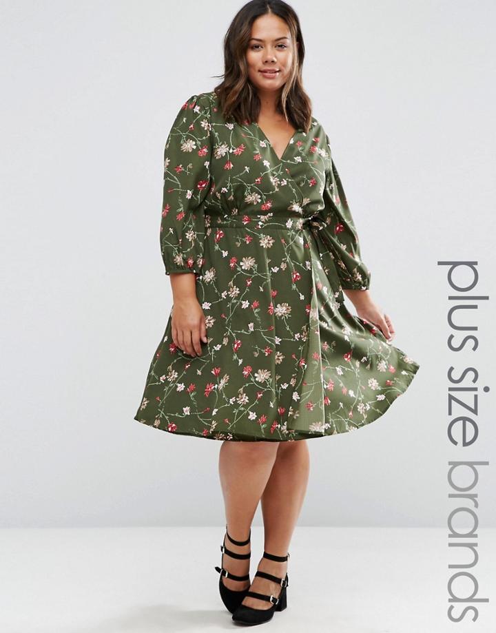 Yumi Plus Wrap Dress In Floral Print - Green