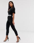 Club L London Rhinestone Belted Wrap Front Jumpsuit-black