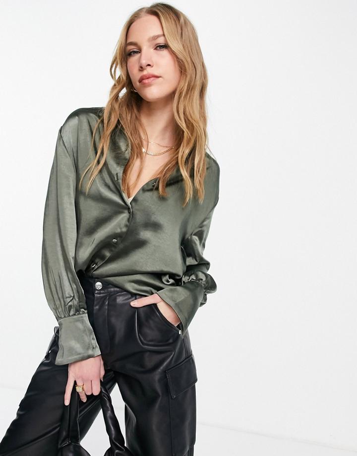 Pretty Lavish Satin Shirt In Olive Green - Part Of A Set