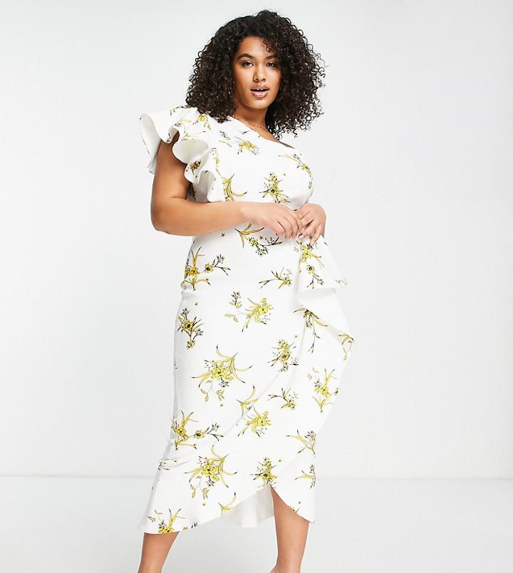 True Violet Plus One Shoulder Midi Dress In Ochre Floral-white
