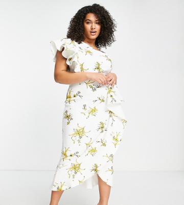 True Violet Plus One Shoulder Midi Dress In Ochre Floral-white