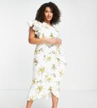 True Violet Plus One Shoulder Midi Dress In Ochre Floral-white
